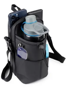 Black crossbody water bottle bag with multiple compartments for fitness and travel