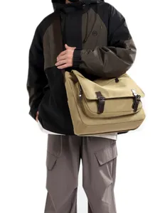Large khaki canvas messenger bag for men, stylish crossbody shoulder bag for business