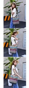 Multicolor striped canvas handbag shown in different wearing styles on a model