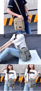 Casual canvas messenger bag for men with multi-compartment design shown on models