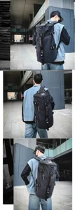 Large capacity canvas travel backpack for men shown from multiple angles in urban setting