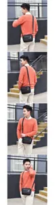 Multi-angle views of a men's black oxford messenger bag worn cross-body