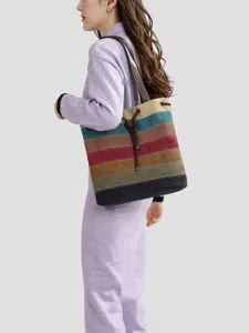 Grand sac fourre-tout en toile à rayures colorées pour femmes avec lanières brunes