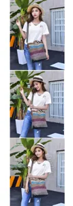 Three vertical views of a model wearing a striped canvas tote bag in an outdoor urban setting