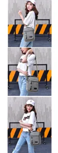 Multi-angle detail view of a grey canvas messenger bag styled on an outdoor casual model