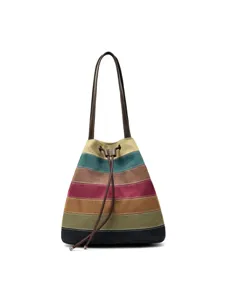 Sac à bandoulière élégant en toile à rayures colorées avec cordon de serrage et lanière en cuir