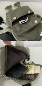 Detailed view of the interior capacity of a cute green frog canvas crossbody bag.