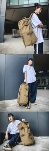 Large capacity durable khaki canvas travel backpack for outdoor adventure and hiking