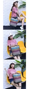 Model carrying a striped canvas shoulder bag with multi-color patchwork details