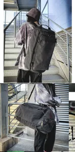 Large capacity grey canvas travel backpack and sports duffel bag shown in two styles.