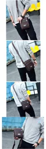 Detail shots showing the versatile brown oxford crossbody bag worn by a male model.