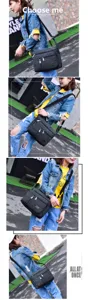 Casual gray canvas crossbody bag with multiple compartments shown in a street style.