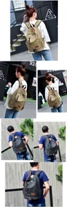 Outdoor lifestyle collage of retro canvas backpacks in khaki and charcoal grey