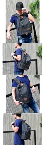 Multiple views of a men's grey canvas backpack on an Asian male model.