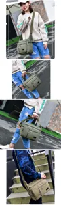 Detailed views of a green canvas crossbody bag showing multiple pockets and styling