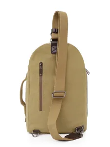 Durable khaki canvas sling bag for men with adjustable shoulder strap.