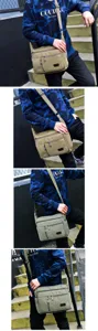 Multi-angle detail view of durable canvas messenger bag for men in casual outdoor setting.