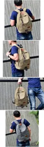 Outdoor lifestyle collage of men's vintage canvas backpacks in khaki and grey colors.