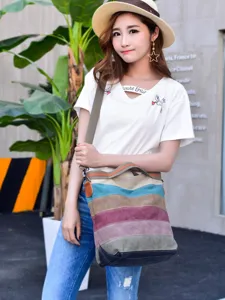 Women Large Capacity Canvas Tote Bag Multicolor Patchwork Striped Crossbody Shoulder Handbag Literary Style Casual Travel Bag