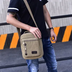 Men Casual Canvas Crossbody Bag Multi-Pocket Shoulder Bag Business Travel Handbag Fashion Men Messenger Bag Wear-Resistant Satchel