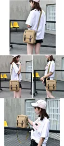 Detailansichten einer Vintage Khaki Canvas Umhängetasche an einem Modell.