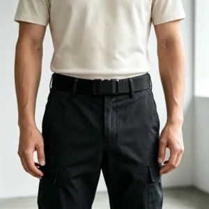 Close-up of black tactical nylon belt with quick-release buckle worn on cargo pants
