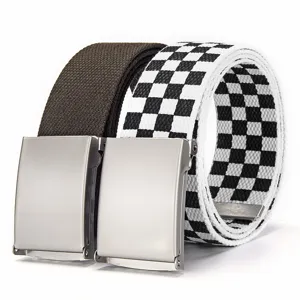 Men canvas belt casual tactical checkerboard belt adjustable pinless metal buckle detail view
