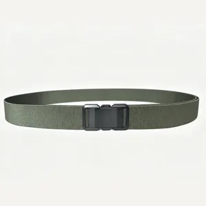 Detailed view of heavy-duty olive green elastic nylon belt with black quick-release buckle