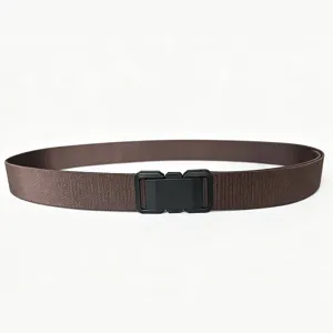 Close-up detail of a brown elastic nylon tactical belt featuring a black quick-release buckle