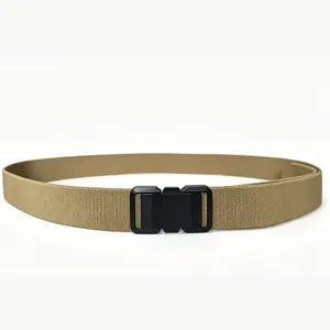 Detail of khaki nylon belt with black quick-release buckle for outdoor use