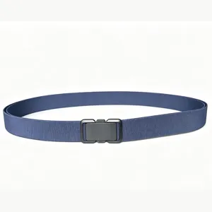 Macro view of blue nylon elastic belt featuring a sleek black quick-release buckle