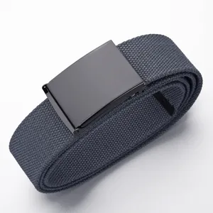 Detail view of a men's dark grey canvas belt with a sleek black metal buckle.