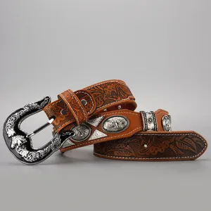Cintura in vera pelle stile western vintage con fibbia in metallo intagliato per jeans.
