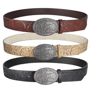 Three colors of western cowboy belts with embossed floral patterns and silver buckles
