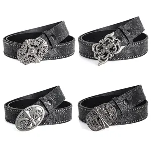 Vintage embossed black leather belt set with intricate silver tone gothic cross buckles for men women.