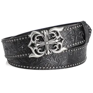 Vintage embossed western leather belt with gothic cross metal buckle and rivet edges.