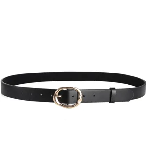 Close-up detail of a black PU leather women belt featuring a gold irregular metal buckle.