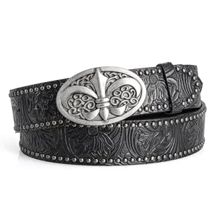 Vintage Western cowboy embossed leather belt with stylish metal buckle and rivet details.