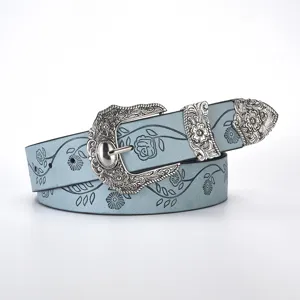 Vintage light blue leather belt with engraved buckle and floral leaf print patterns