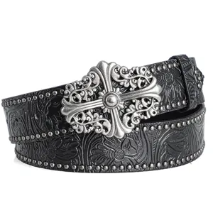 Vintage embossed leather belt with gothic floral cross buckle for men and women western style.
