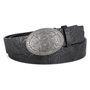 Detailed view showing the intricate floral embossing on a black Western cowboy leather belt