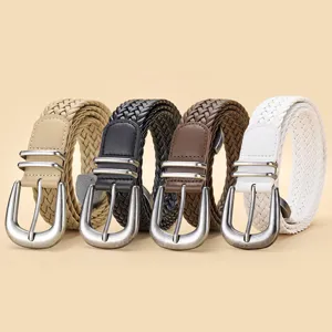 Vintage Unisex PU Leather Woven Belt With Metal Pin Buckle Casual Braided Waistband No-Punch Adjustable Belt For Men Women