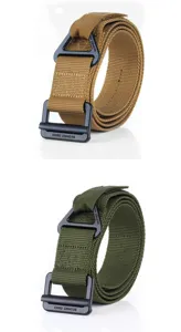 Detailed view of khaki and olive green tactical belts with heavy-duty metal buckles