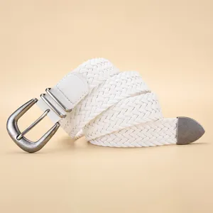 Detail of white braided PU belt featuring a vintage silver metal pin buckle and tip