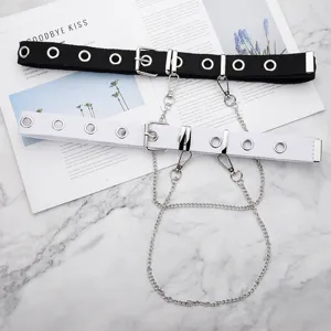 Cinturones de lona punk con ojales plateados y cadenas metálicas desmontables