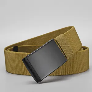Detailed close-up view of the khaki elastic woven belt featuring a sturdy black metal buckle.