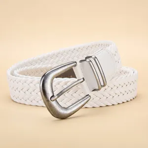 Detailed view showing the texture of white PU woven belt with a vintage metal buckle