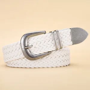 Detail showing the intricate white PU braided texture and vintage metal buckle