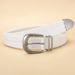 Close-up of a white braided PU belt with a vintage silver-tone metal pin buckle detail