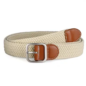 Close-up view of beige braided elastic belt with brown leather ends and silver pin buckle.